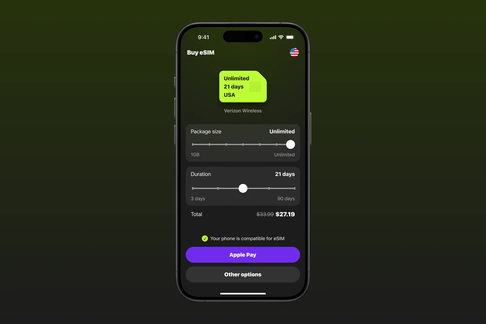 Mobile eSIM purchase flow.