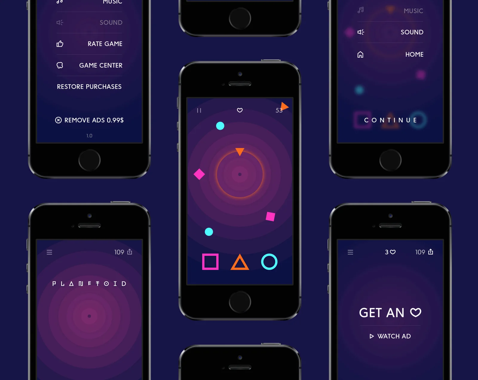 Planetoid mobile game screens.