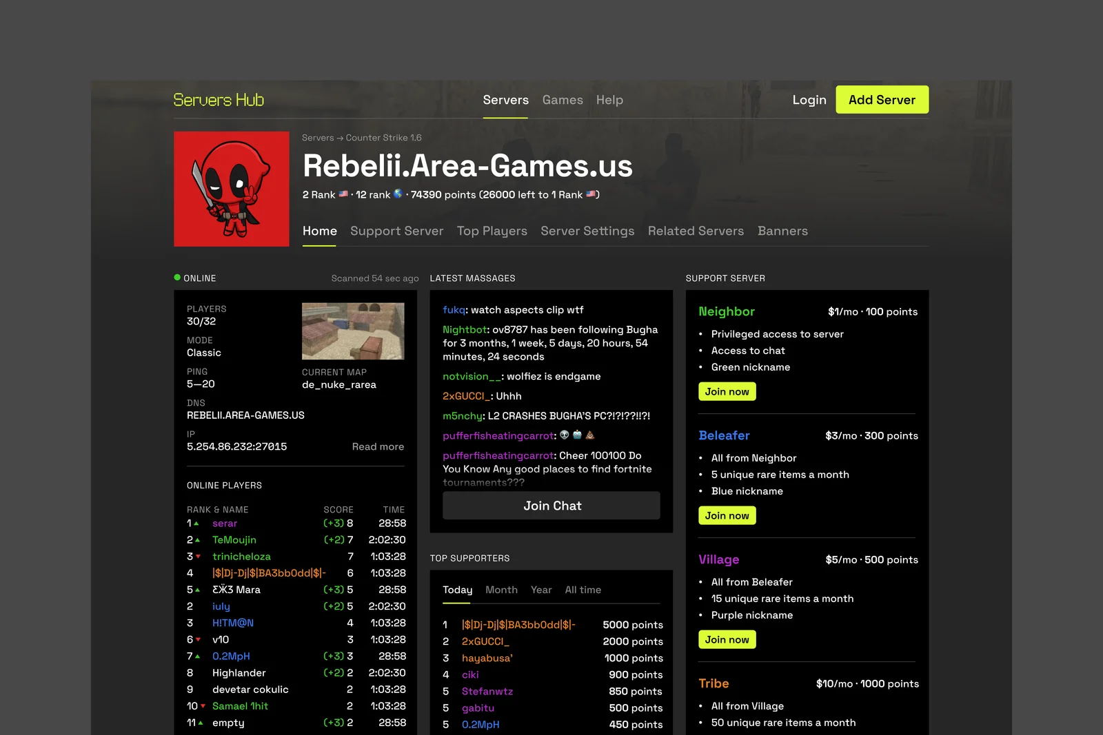 Server Hub game community website.