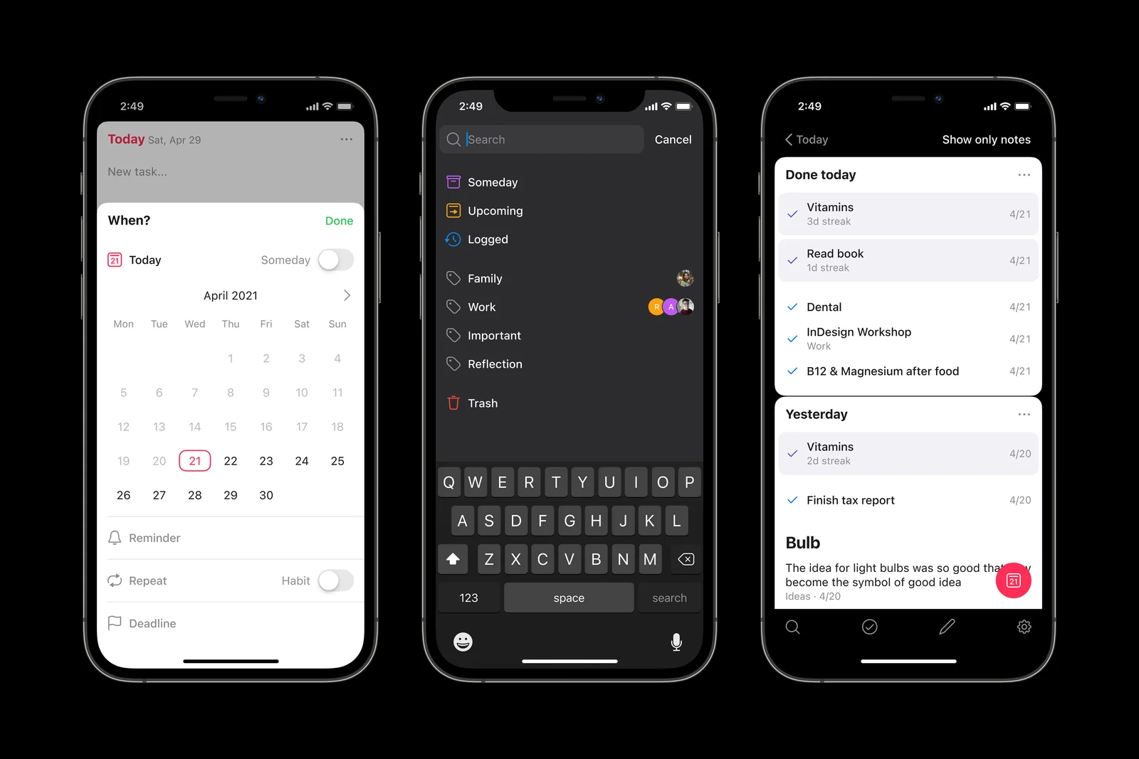 Memo calendar, editor, and reminders.