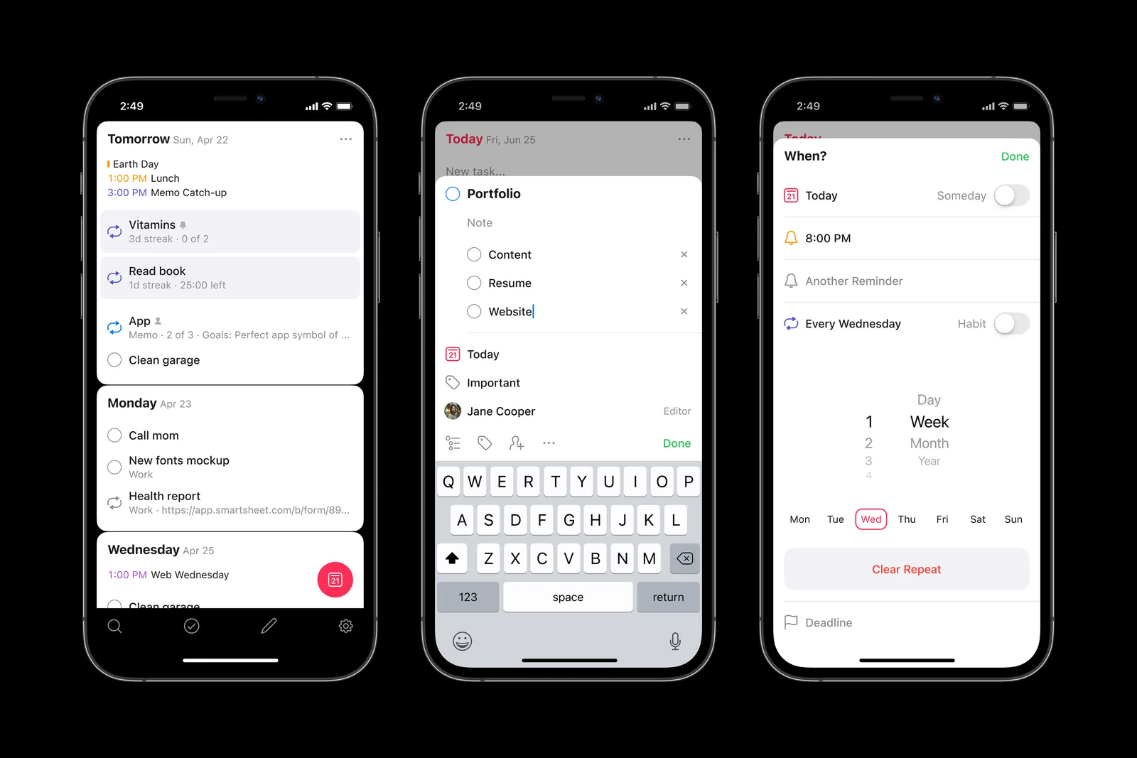 Memo lists, note editor, and habit details.