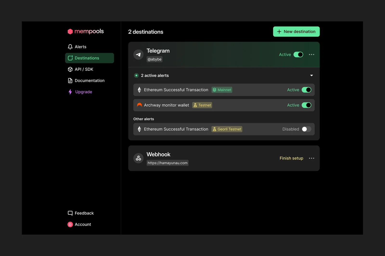 Mempools event and destination settings.