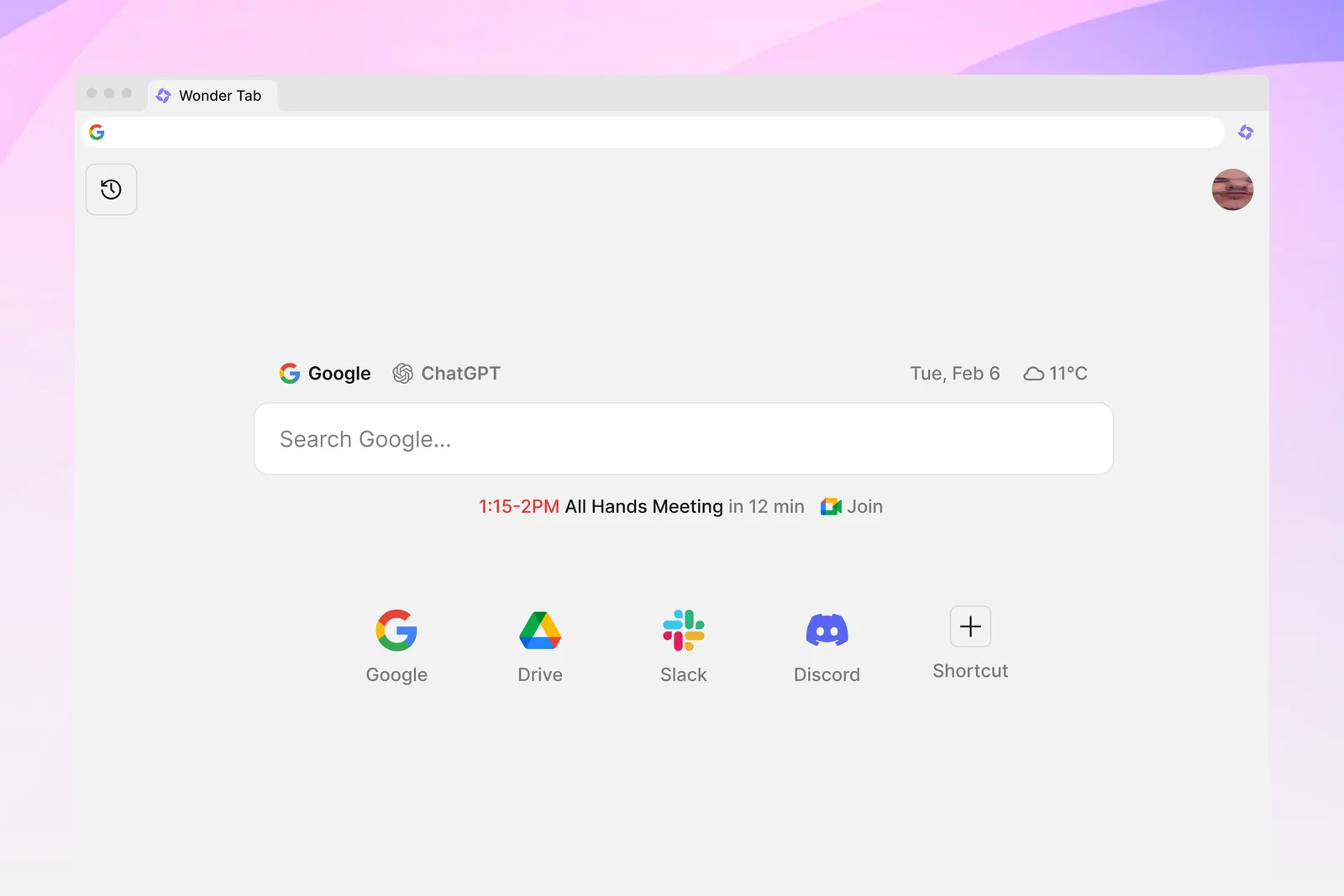 Wonder Tab new tab experience.